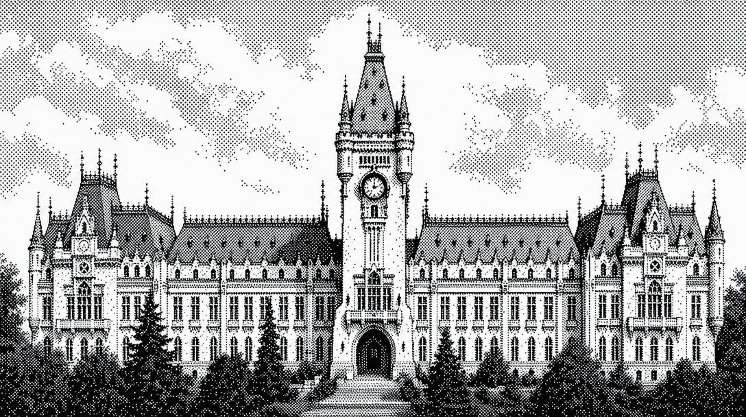 Dithered illustration of the Palace of Culture in Iași