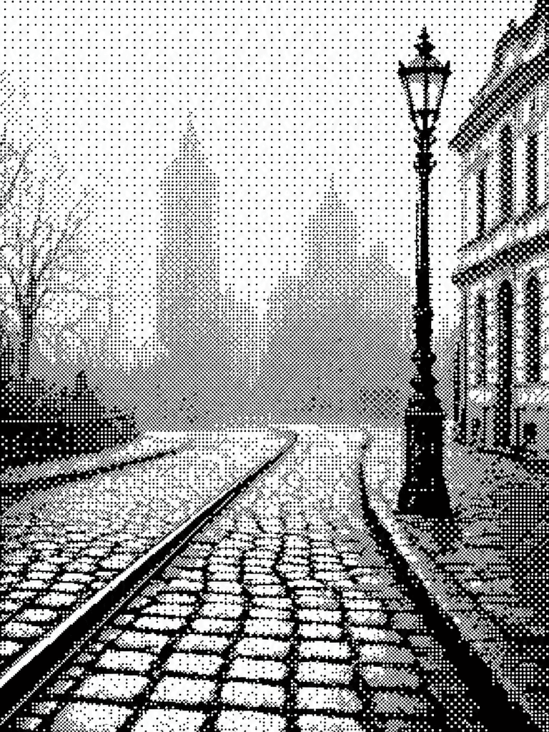 Dithered illustration of an old Iași street