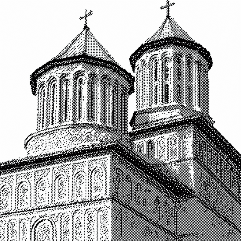 Dithered illustration of the Three Hierarchs Monastery